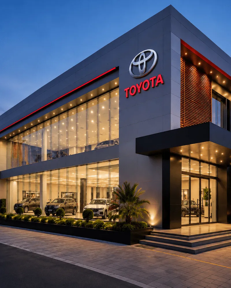 Premium automobile showroom with ACP cladding, structural glazing and modern architectural facade