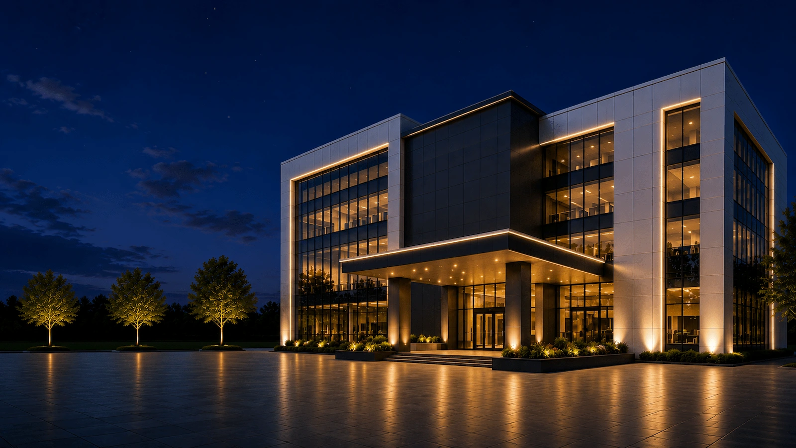 Commercial building featuring ACP cladding, structural glazing and modern architectural facade in Tamil Nadu
