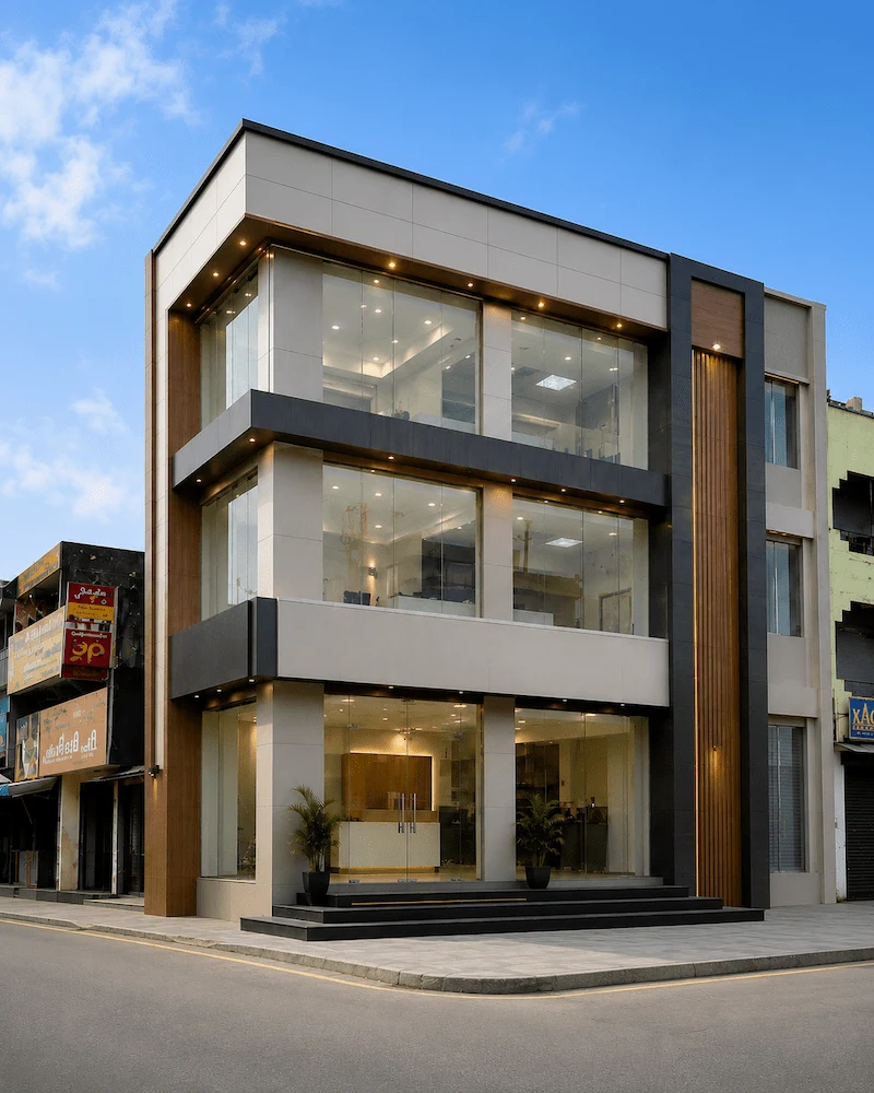 Commercial office building featuring ACP cladding, glass facade and architectural exterior