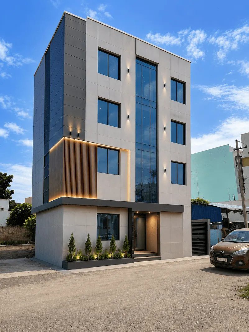 Modern corporate office building with ACP cladding and structural glazing facade in Tamil Nadu