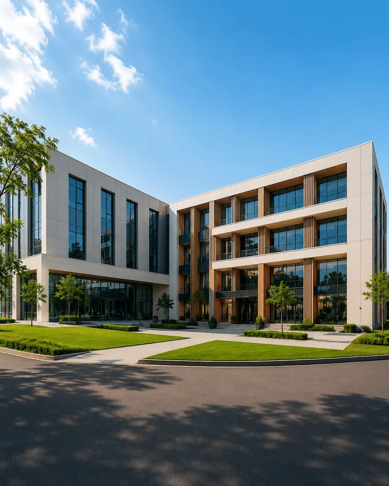 Modern educational institution building featuring ACP cladding, structural glazing and contemporary architectural facade design in Tamil Nadu