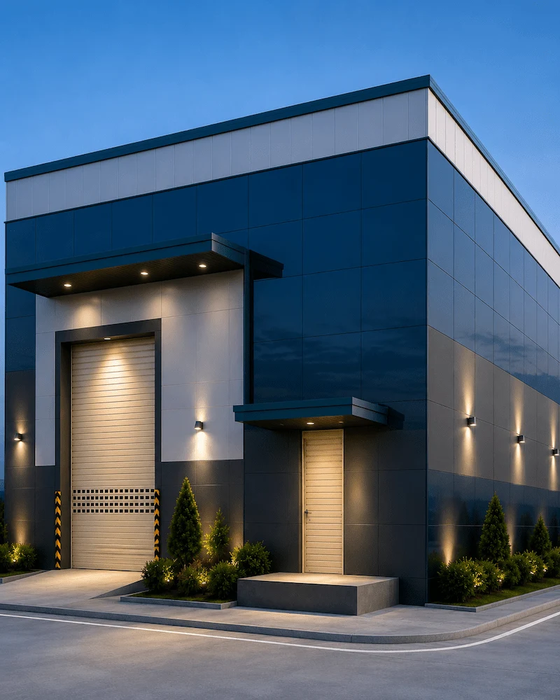 Modern factory building featuring ACP cladding, industrial facade systems and architectural exterior design in Tamil Nadu
