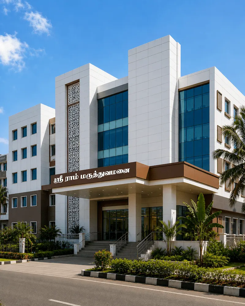Modern hospital exterior featuring ACP cladding, structural glazing, aluminium facade systems and architectural elevation in Tamil Nadu