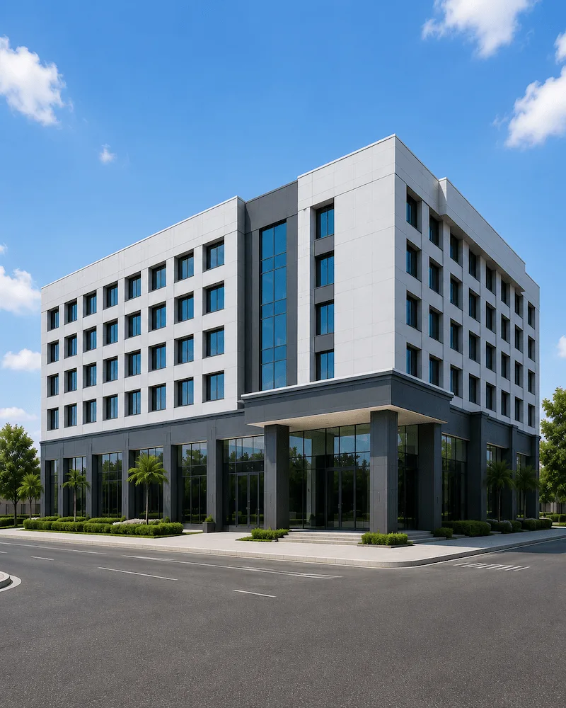 Luxury hotel exterior featuring ACP cladding, structural glazing, modern facade design and architectural elevation in Tamil Nadu