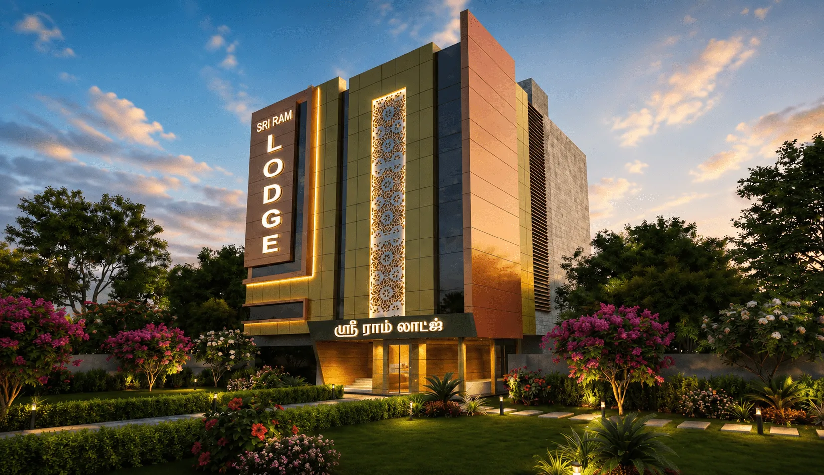 Modern ACP façade elevation for a commercial building featuring premium aluminium composite panel cladding, decorative laser-cut panel, architectural exterior lighting, and contemporary building elevation design in Tamil Nadu.
